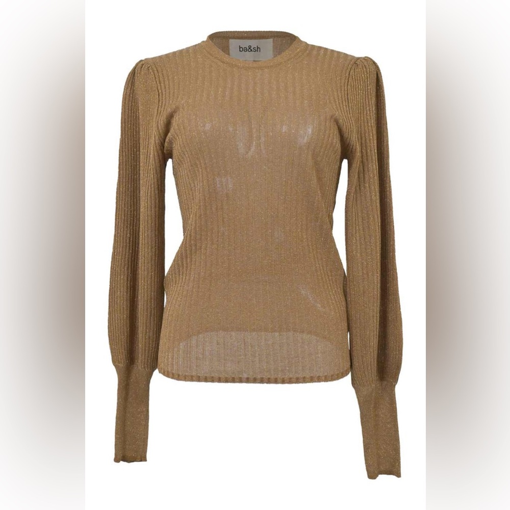 Ba&sh Gold Ribbed Crewneck Pullover Sweater